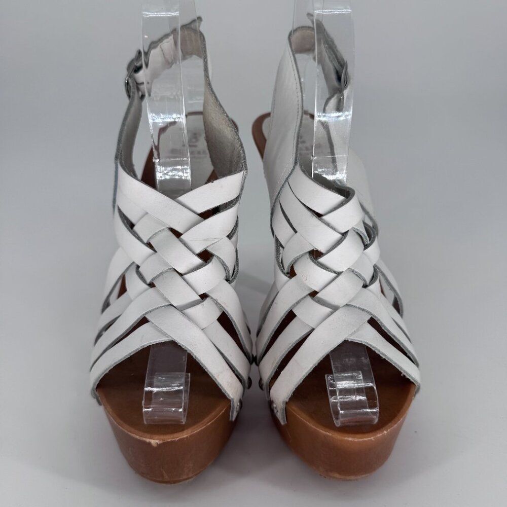 White Leather Woven Y2K Platform Heels Slingback Sandals Size 7 - Picture 2 of 13